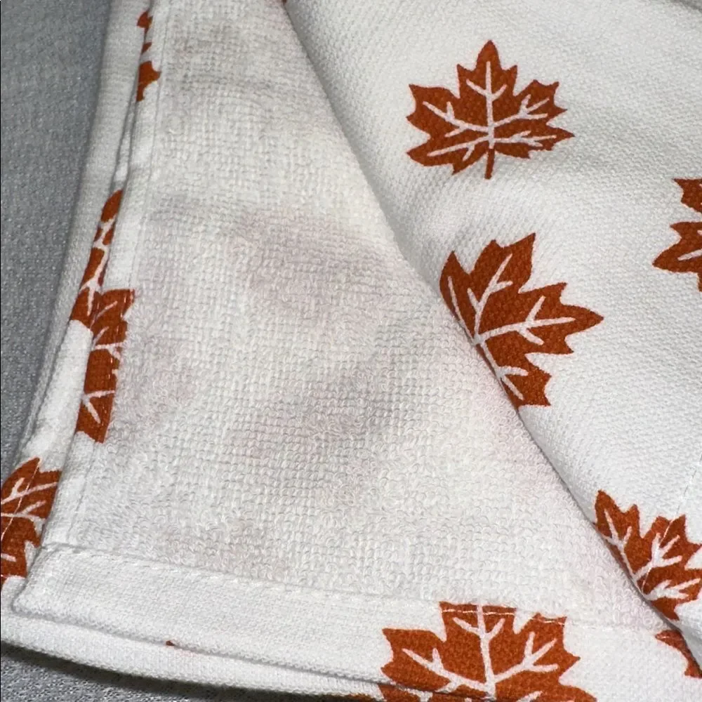 DC White Rust Caramel Brown Cotton Blend Fall Leaf Football Print Kitchen Towels